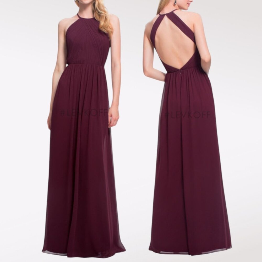 LevKoff Halter Formal Dress Burgundy Long Evening Gown Open Back Size 8